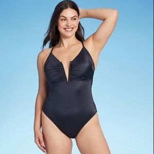 Shade & Shore Black Shirred V-Wire Plunge One-Piece Swimsuit